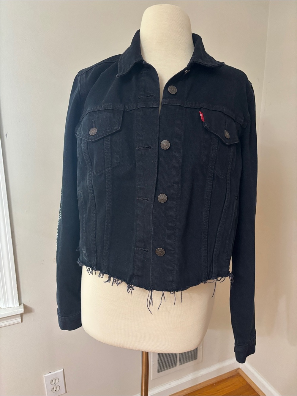 Levi's Black Frayed Hem Cropped Denim Jacket with Fringed Backed